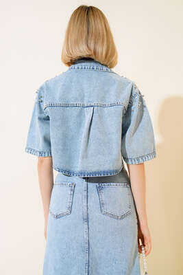 Parlak Taş Süslemeli Kısa Kot Ceket Mavi - Thumbnail