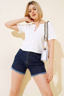 Pazarium - Pileli Paça Püsküllü Kot Şort Koyu Mavi