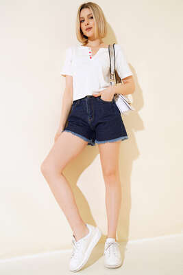 Pileli Paça Püsküllü Kot Şort Koyu Mavi - Thumbnail