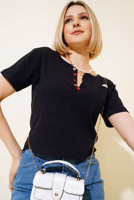 Pazarium - V Yaka Renkli Düğmeli Bluz Siyah