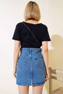 V Yaka Renkli Düğmeli Bluz Siyah - Thumbnail