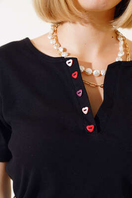 V Yaka Renkli Düğmeli Bluz Siyah - Thumbnail