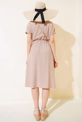 V Yaka Bürümcüklü Elbise Latte - Thumbnail