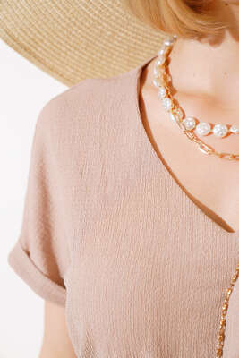 V Yaka Bürümcüklü Elbise Latte - Thumbnail