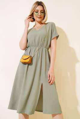 V Yaka Bürümcüklü Elbise Çağla Yeşili - Thumbnail
