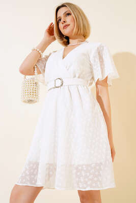 Pazarium - Kemerli Brodeli Elbise Ekru