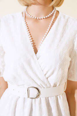 Kemerli Brodeli Elbise Ekru - Thumbnail