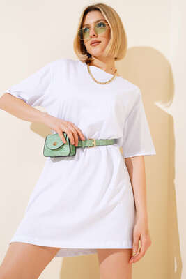 Uzun T-Shirt Beyaz - Thumbnail