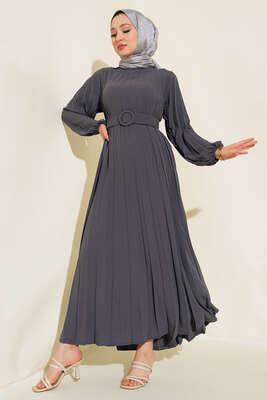 Piliseli Kemerli Ayrobin Elbise Füme - Thumbnail