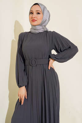 Piliseli Kemerli Ayrobin Elbise Füme - Thumbnail