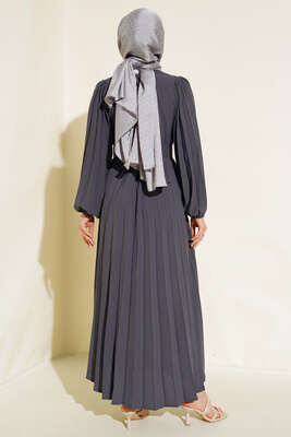 Piliseli Kemerli Ayrobin Elbise Füme - Thumbnail