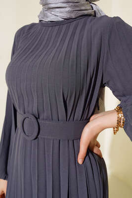 Piliseli Kemerli Ayrobin Elbise Füme - Thumbnail