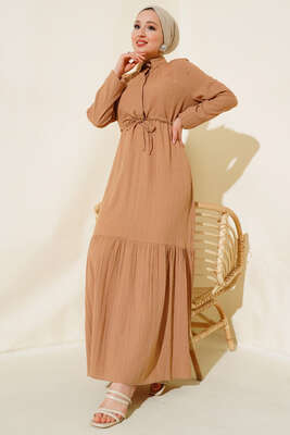 Pazarium - Gizli Yarım Düğmeli Elbise Camel