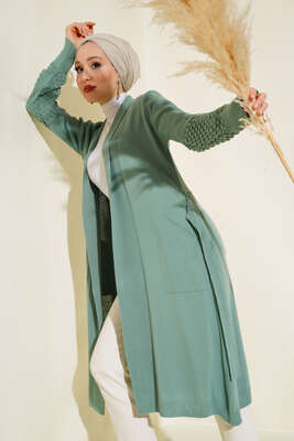 Üzüm Kol Bağcıklı Uzun Hırka Çağla Yeşili - Thumbnail