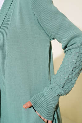 Üzüm Kol Bağcıklı Uzun Hırka Çağla Yeşili - Thumbnail