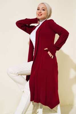 Üzüm Kol Bağcıklı Uzun Hırka Bordo - Thumbnail