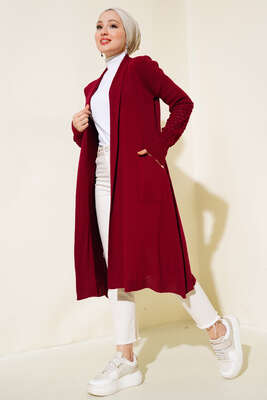 Üzüm Kol Bağcıklı Uzun Hırka Bordo - Thumbnail
