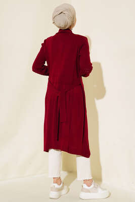 Üzüm Kol Bağcıklı Uzun Hırka Bordo - Thumbnail