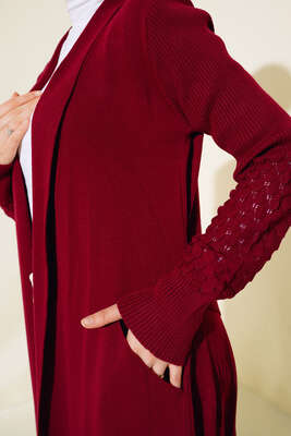 Üzüm Kol Bağcıklı Uzun Hırka Bordo - Thumbnail