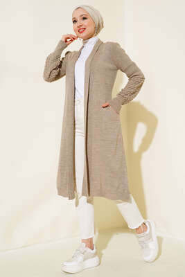 Pazarium - Üzüm Kol Bağcıklı Uzun Hırka Vizon