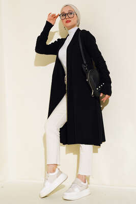 Pazarium - Üzüm Kol Bağcıklı Uzun Hırka Siyah