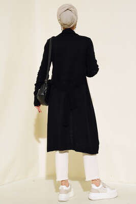 Üzüm Kol Bağcıklı Uzun Hırka Siyah - Thumbnail