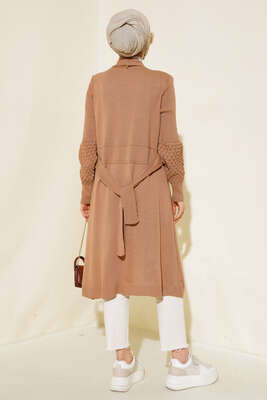 Üzüm Kol Bağcıklı Uzun Hırka Latte - Thumbnail