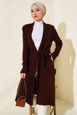 Pazarium - Üzüm Kol Bağcıklı Uzun Hırka Kahve