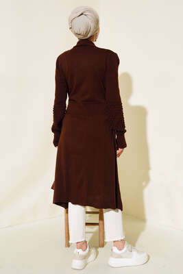 Üzüm Kol Bağcıklı Uzun Hırka Kahve - Thumbnail