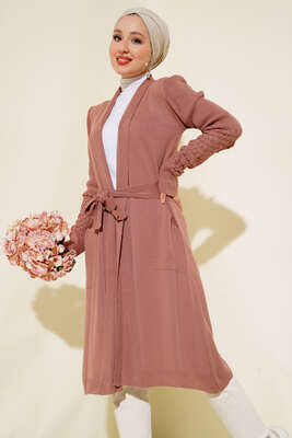 Üzüm Kol Bağcıklı Uzun Hırka Gül Kurusu - Thumbnail