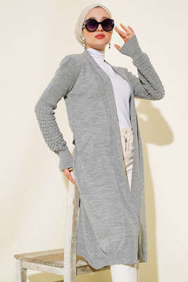 Üzüm Kol Bağcıklı Uzun Hırka Gri - Thumbnail