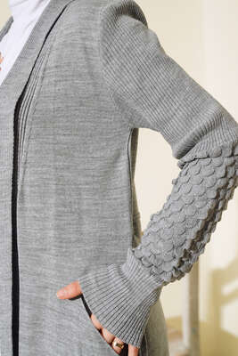 Üzüm Kol Bağcıklı Uzun Hırka Gri - Thumbnail