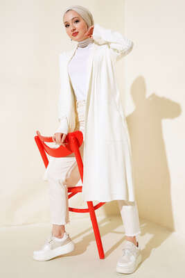 Üzüm Kol Bağcıklı Uzun Hırka Ekru - Thumbnail