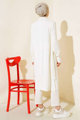 Üzüm Kol Bağcıklı Uzun Hırka Ekru - Thumbnail