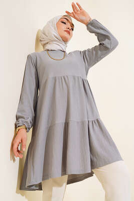 Pazarium - Kol Lastikli Tunik Gri