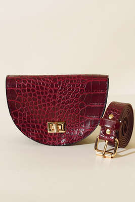 Pazarium - Kroko Oval Bel Çantası Bordo