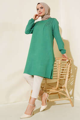 Omuz Pileli Taşlı Tunik Yeşil - Thumbnail