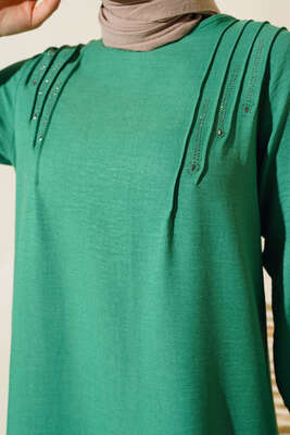 Omuz Pileli Taşlı Tunik Yeşil - Thumbnail