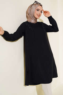 Omuz Pileli Taşlı Tunik Siyah - Thumbnail