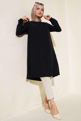 Omuz Pileli Taşlı Tunik Siyah - Thumbnail