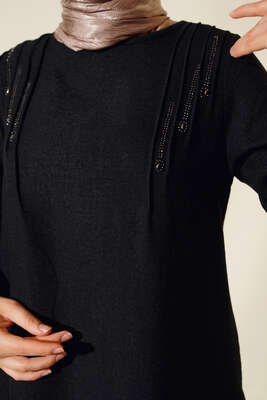 Omuz Pileli Taşlı Tunik Siyah - Thumbnail