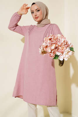 Omuz Pileli Taşlı Tunik Pudra - Thumbnail