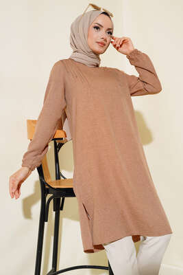 Omuz Pileli Taşlı Tunik Latte - Thumbnail
