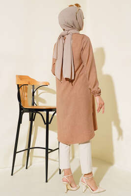 Omuz Pileli Taşlı Tunik Latte - Thumbnail