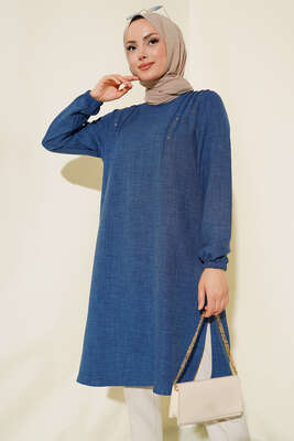 Omuz Pileli Taşlı Tunik İndigo - Thumbnail