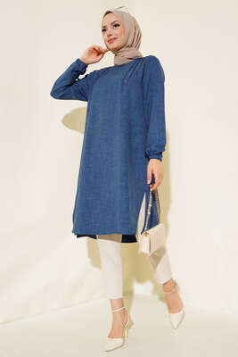 Omuz Pileli Taşlı Tunik İndigo - Thumbnail