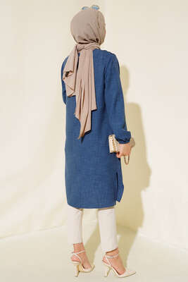 Omuz Pileli Taşlı Tunik İndigo - Thumbnail