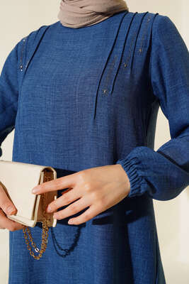 Omuz Pileli Taşlı Tunik İndigo - Thumbnail