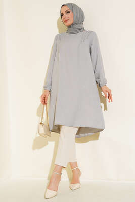Omuz Pileli Taşlı Tunik Gri - Thumbnail