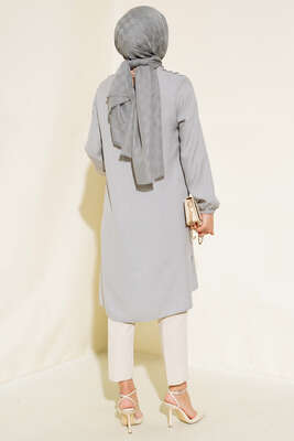 Omuz Pileli Taşlı Tunik Gri - Thumbnail